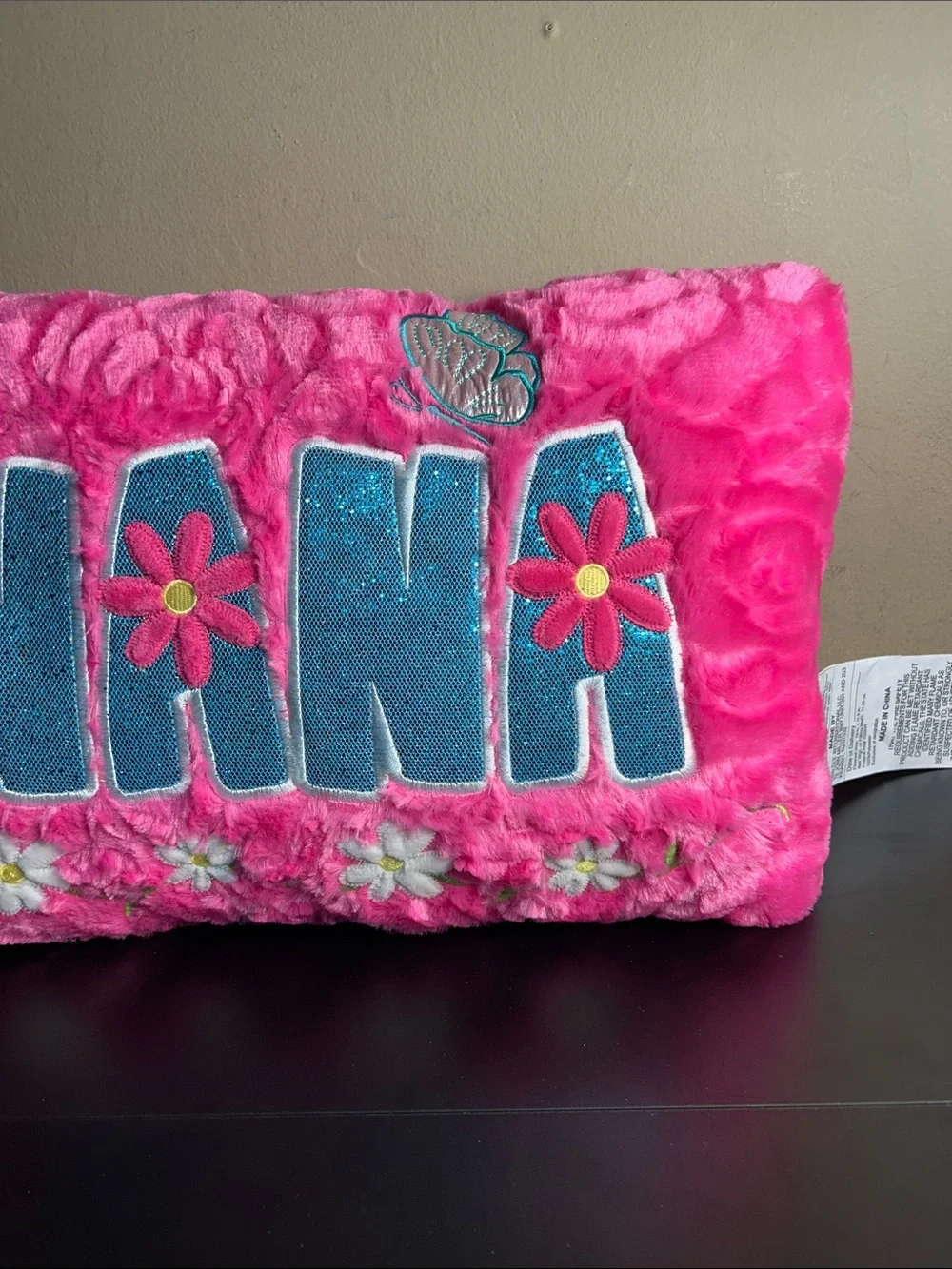 Pink Plush 'NANA' Pillow with Blue Glitter Letters